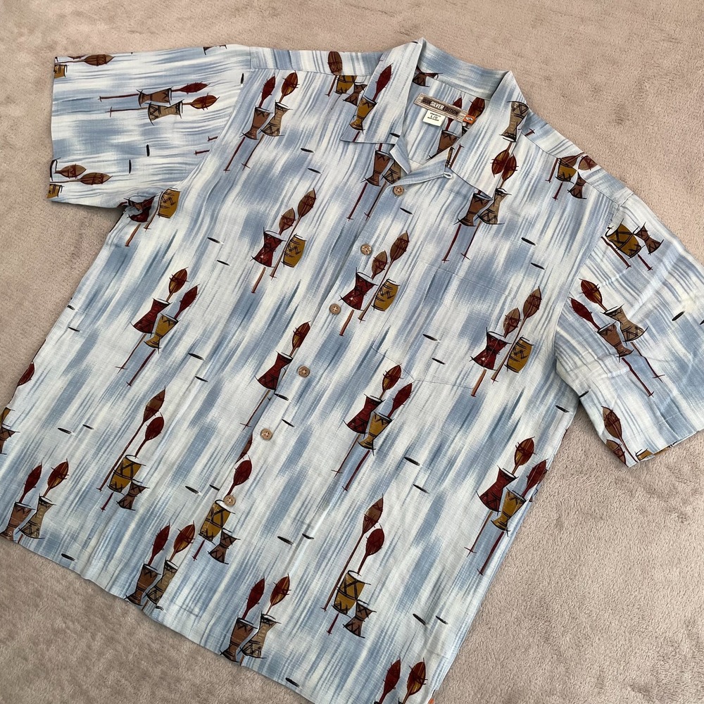Quicksilver Edition‎ Hawaiian Camp Shirt Men Large Multi Tiki Drums Loop Collar